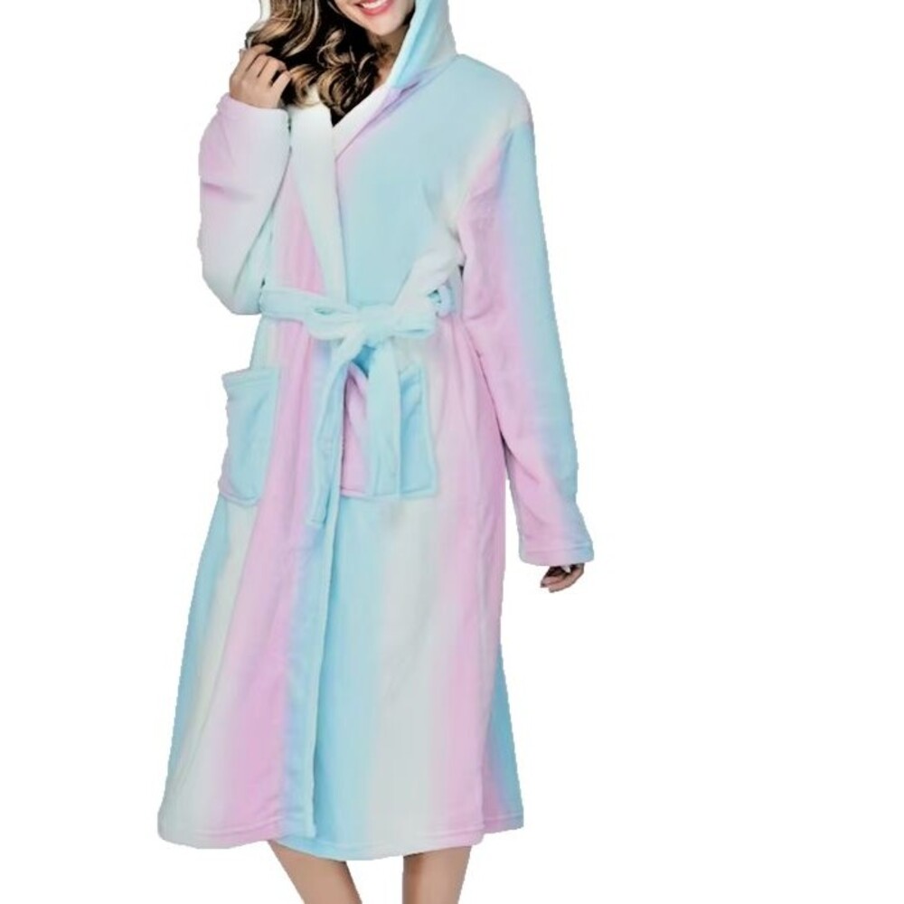 Womens 2XL Rainbow Print Hooded Long Plush Fleece Bathrobe Warm Robe Pockets Spa